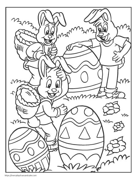 Bunnies on Easter Egg Hunt Coloring Page